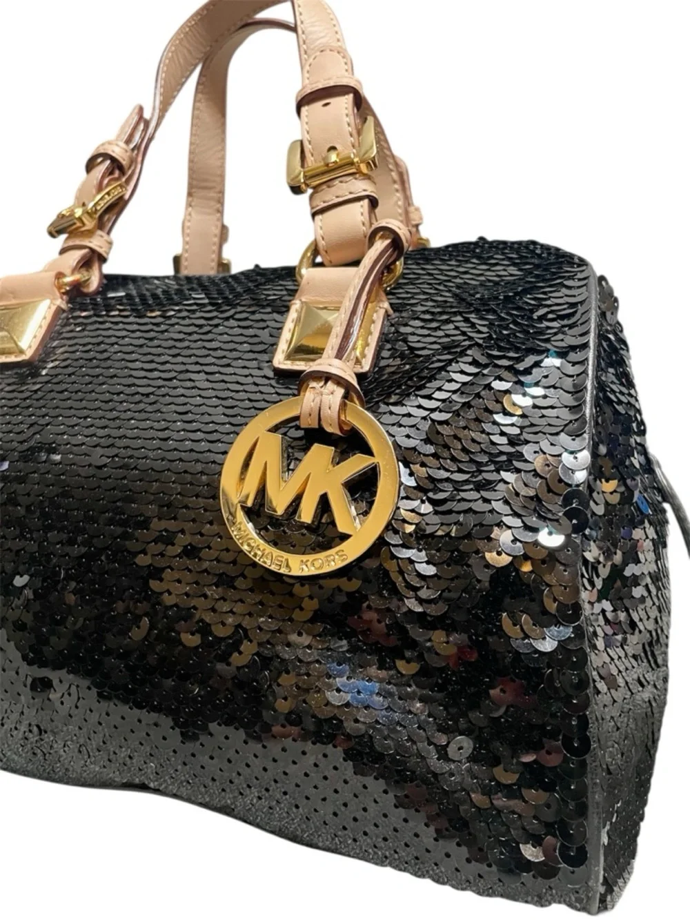 Michael Kors Black Sequin Grayson Satchel Leather Handles & Base Gold Hangtag